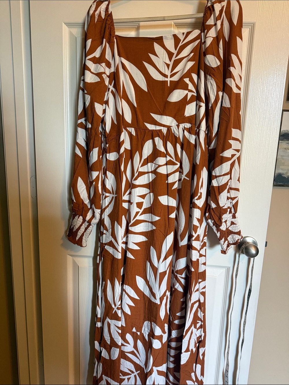 Rust Brown Maxi Dress with White Leaf Print and Long Sleeves